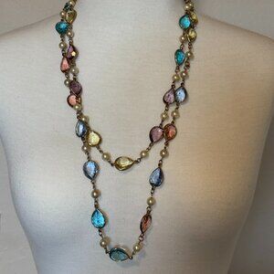 Glass and faux pearl gold tone long necklace
